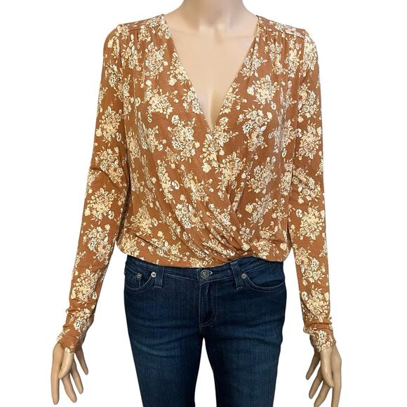 Free People Turnt Bodysuit Small Faux Wrap Floral Orange Jersey Knit Boho - Picture 1 of 7